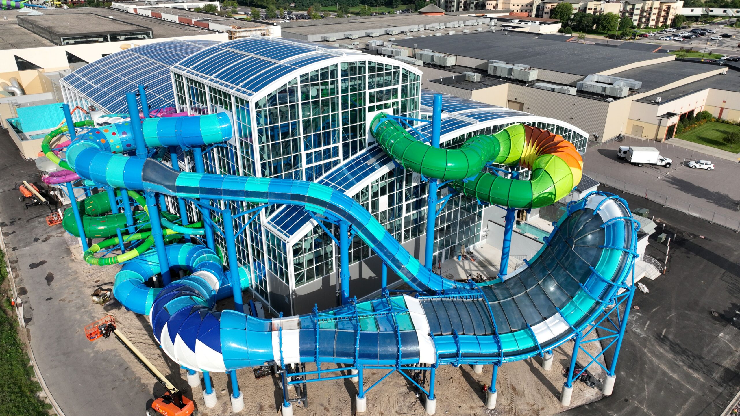 View of indoor water park from the outside