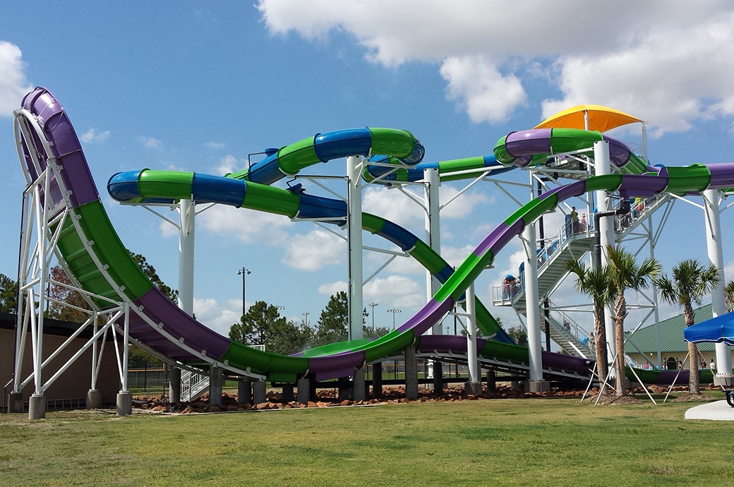 Boomerango + Inner Tube Slides, Pirates Bay Waterpark, Baytown, USA