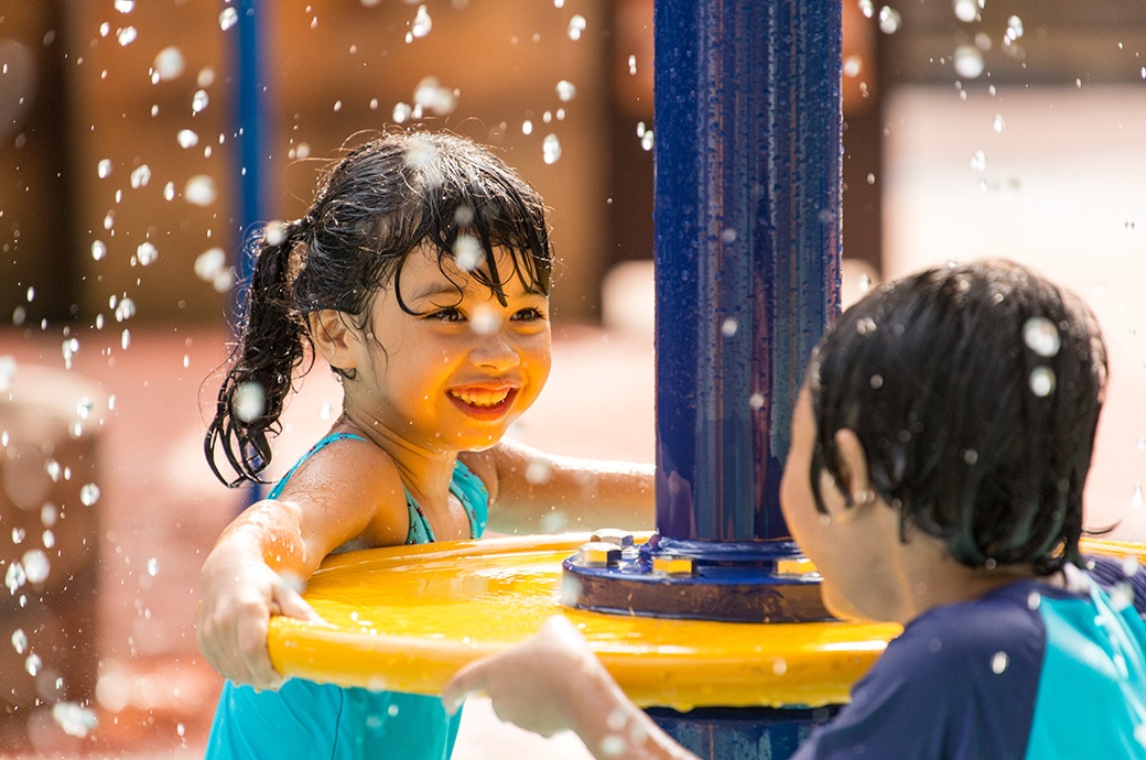 Kids having fun with AquaSpray in an AquaPlay Structure by WhiteWater West - Sunway Lagoon, Malaysia