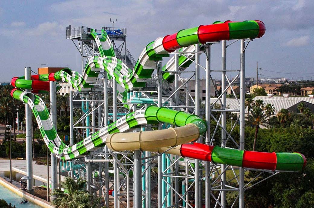 Best and most Fun Master Blaster Water Slide, a Roller Coaster Experience by WhiteWater West – Schlitterbahn Galveston Island, TX, USA