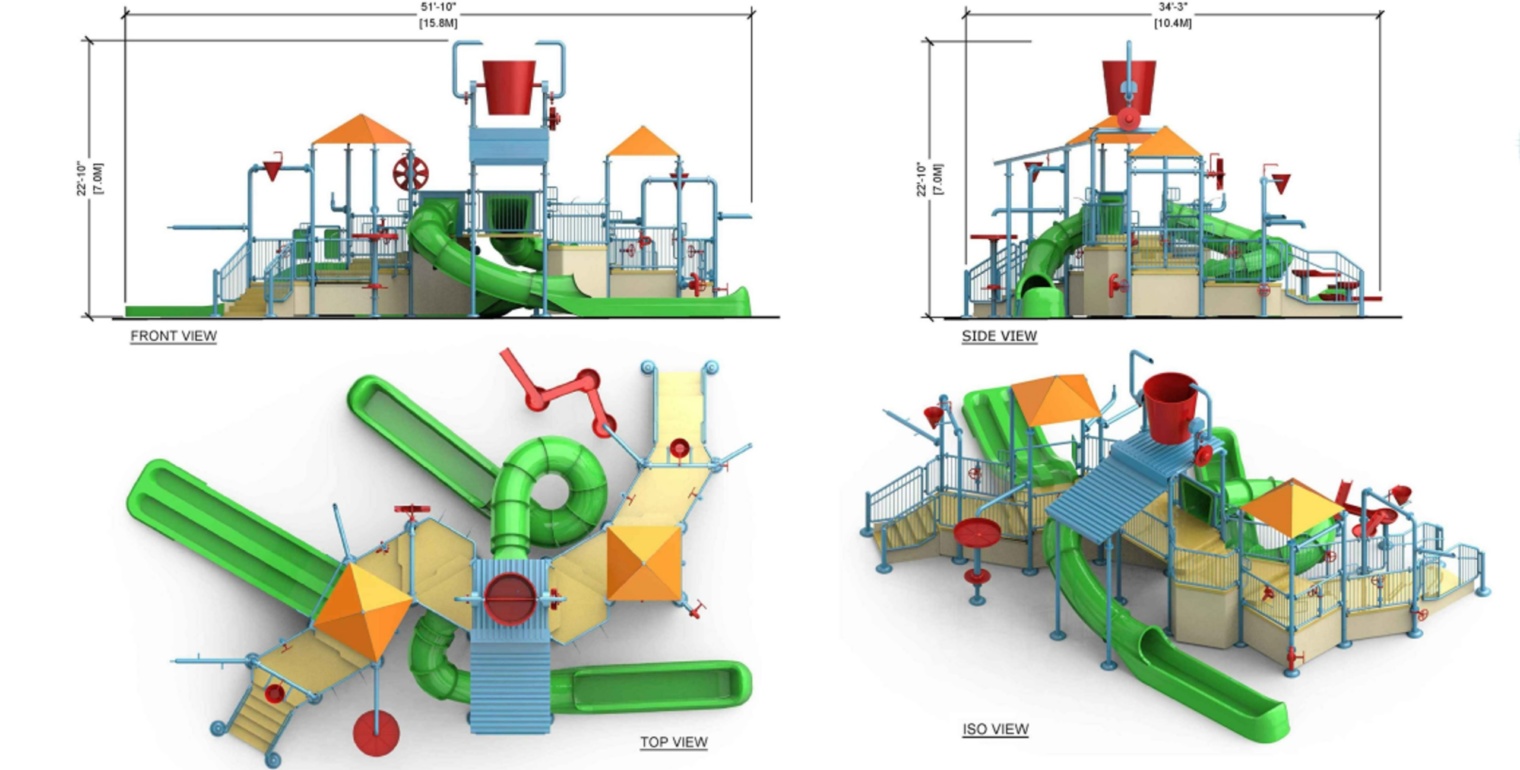 2D 3D drawings of water play structure, water slides, water park