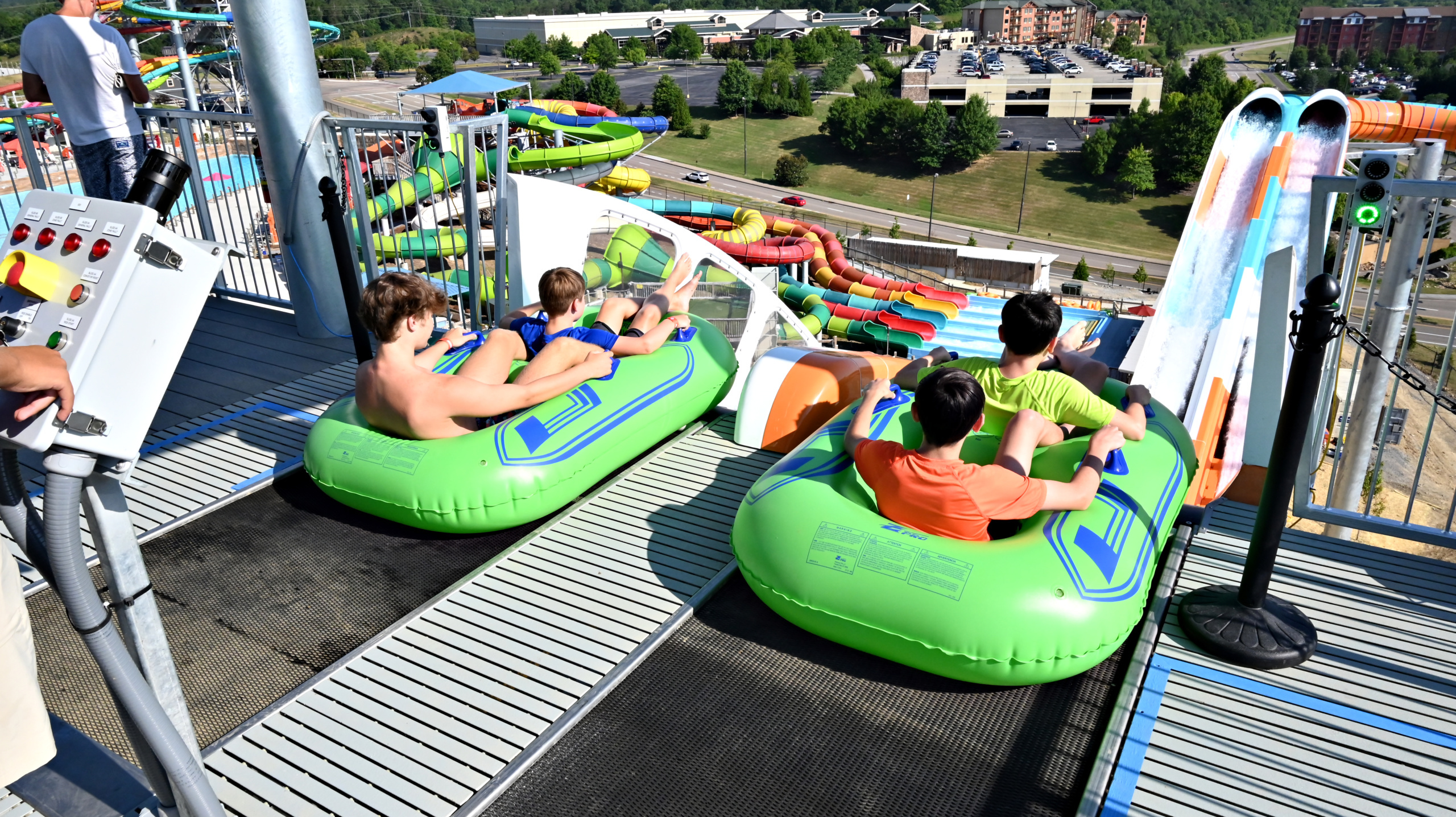 Two rafts before going down water slide