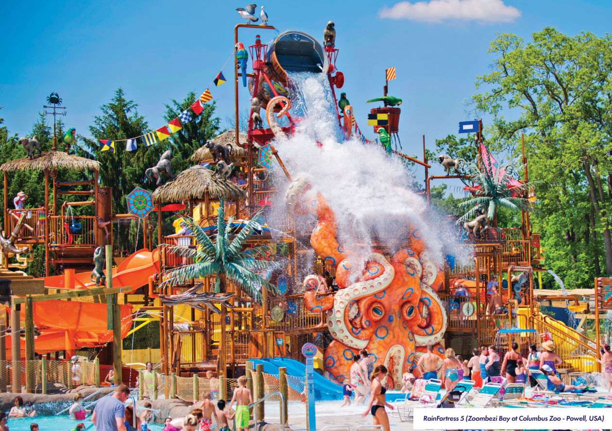 Aquatic play structure with tipping bucket and themed with octopus