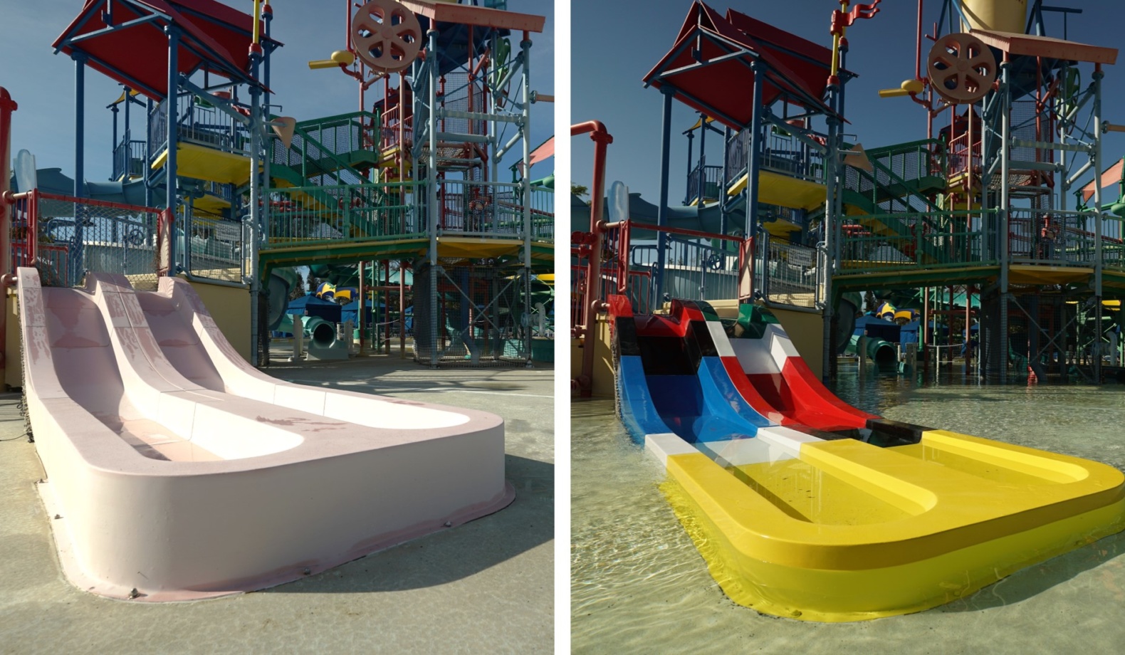 Side-by-side comparison of water slide before and after refurbishment