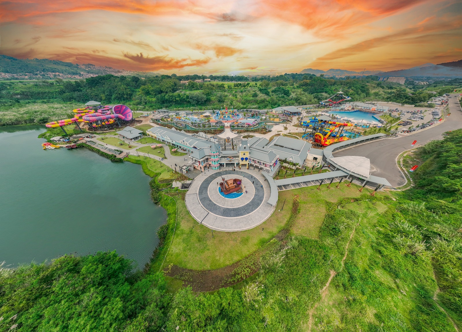 overhead view of water park