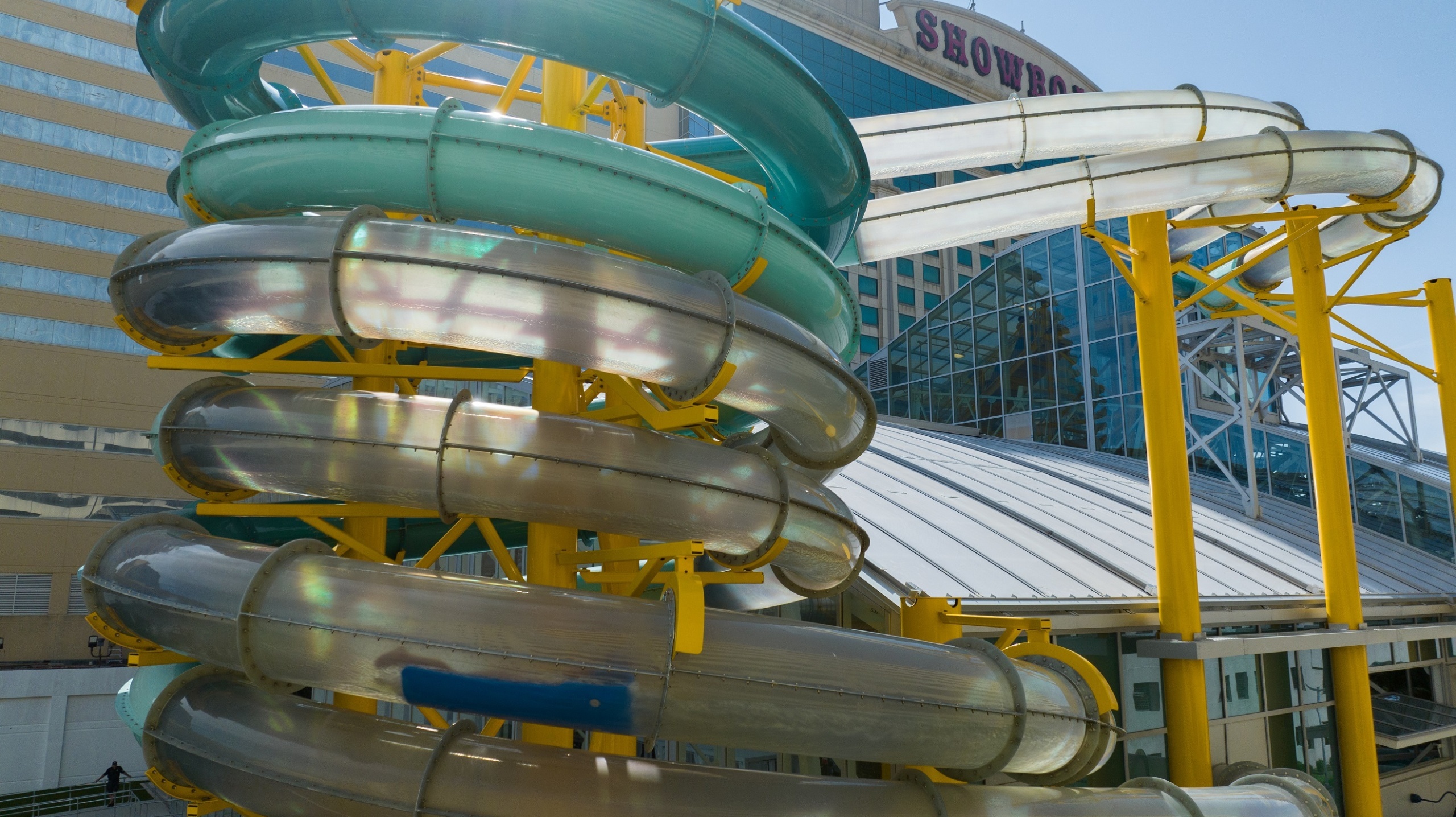 Water slides protruding outside a building