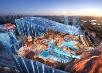 Render of an indoor ski hall adjacent to water park