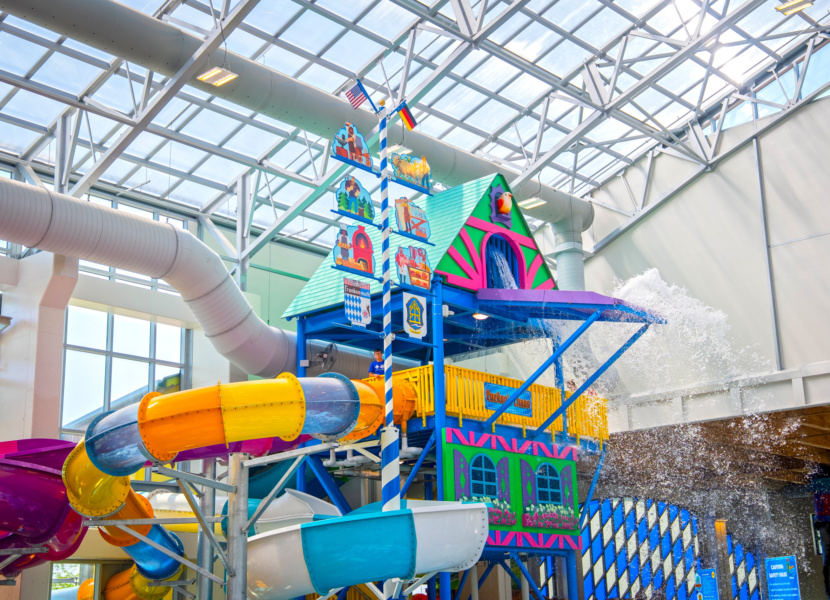 May Pole and cuckoo clock tower at an indoor water park